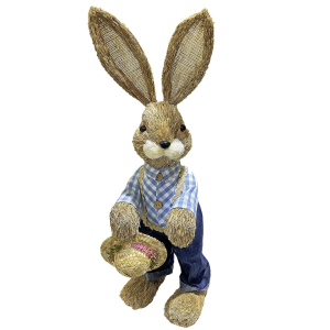 73-2159 Standing hare in blue straw shirt holding hat χονδρική, Easter Items χονδρική