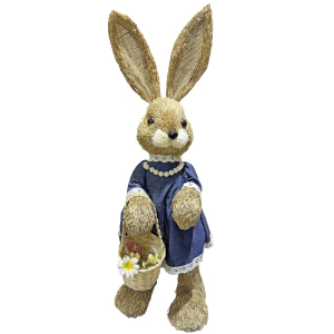 73-2164 Rabbit standing in blue denim dress holding a wicker basket χονδρική, Easter Items χονδρική