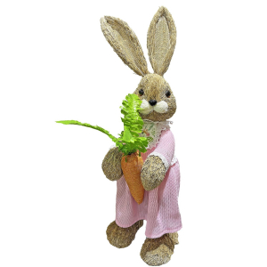 73-2165 Standing rabbit in pink straw dress holding carrot χονδρική, Easter Items χονδρική