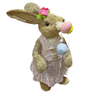 73-2166 Standing rabbit in pink straw dress holding 3 eggs χονδρική, Easter Items χονδρική