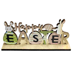 73-2183 Wooden happy easter with two rabbits χονδρική, Easter Items χονδρική