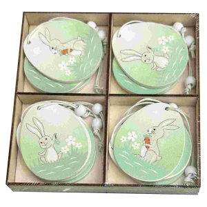 73-2185 Wooden hanging eggs green with rabbit set=12pcs χονδρική, Easter Items χονδρική