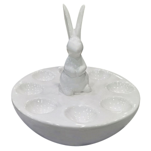 73-2213 Ceramic egg tray, white, standing rabbit χονδρική, Easter Items χονδρική