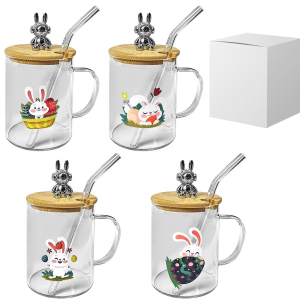 73-2219 Glass mug with straw, wooden lid Happy rabbit χονδρική, Easter Items χονδρική